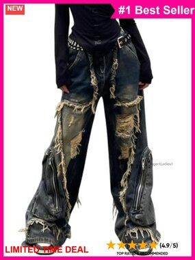 Y2K Distressed Wide Leg Baggy Jeans Unisex High Rise Cargo Pants